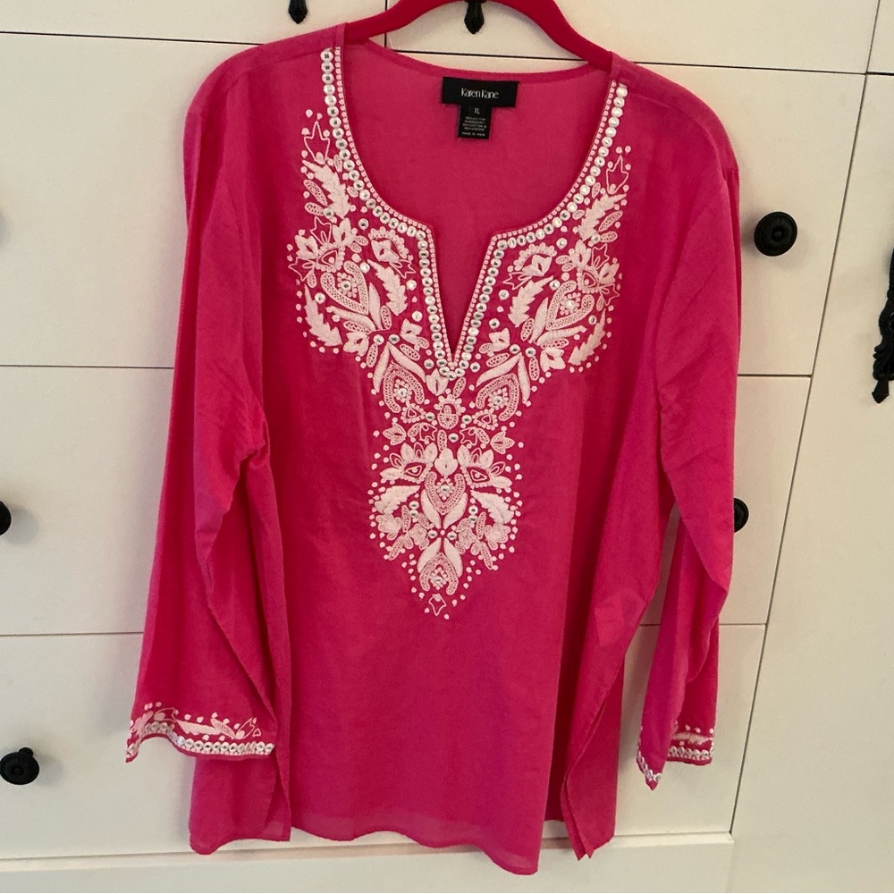 Karen Kane Pink Embroidered 3/4 Sleeve Tunic